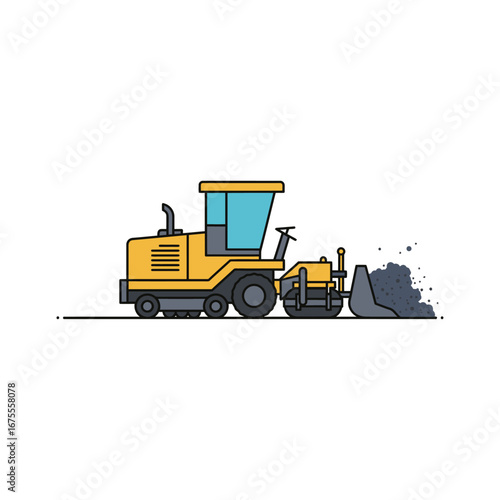 This minimalist vector icon showcases a robust yellow road paver, a vital piece of heavy equipment used for efficient asphalt spreading and construction.