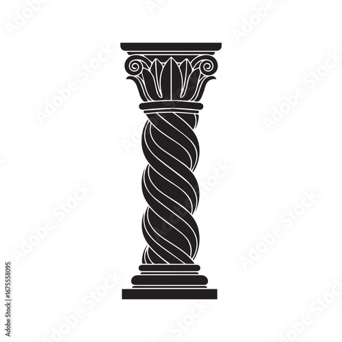 Ornate spiral column silhouette, vintage twisted Solomonic pillar icon. Baroque architectural element vector for classic design.
