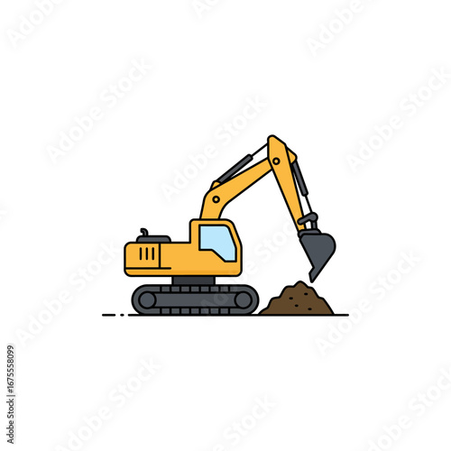 A bright yellow excavator with a powerful digging bucket is actively moving a pile of brown earth, symbolizing heavy machinery and groundwork.