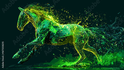 This captivating illustration depicts a powerful and dynamic creature, composed of intricate digital and neon elements. The creature is surrounded by vibrant, swirling streams of light and data, creat