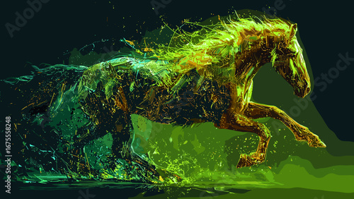 This captivating illustration depicts a powerful and dynamic creature, composed of intricate digital and neon elements. The creature is surrounded by vibrant, swirling streams of light and data, creat