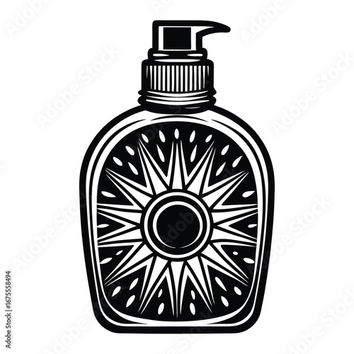 Black and white vintage style liquid soap dispenser with sunburst design vector illustration