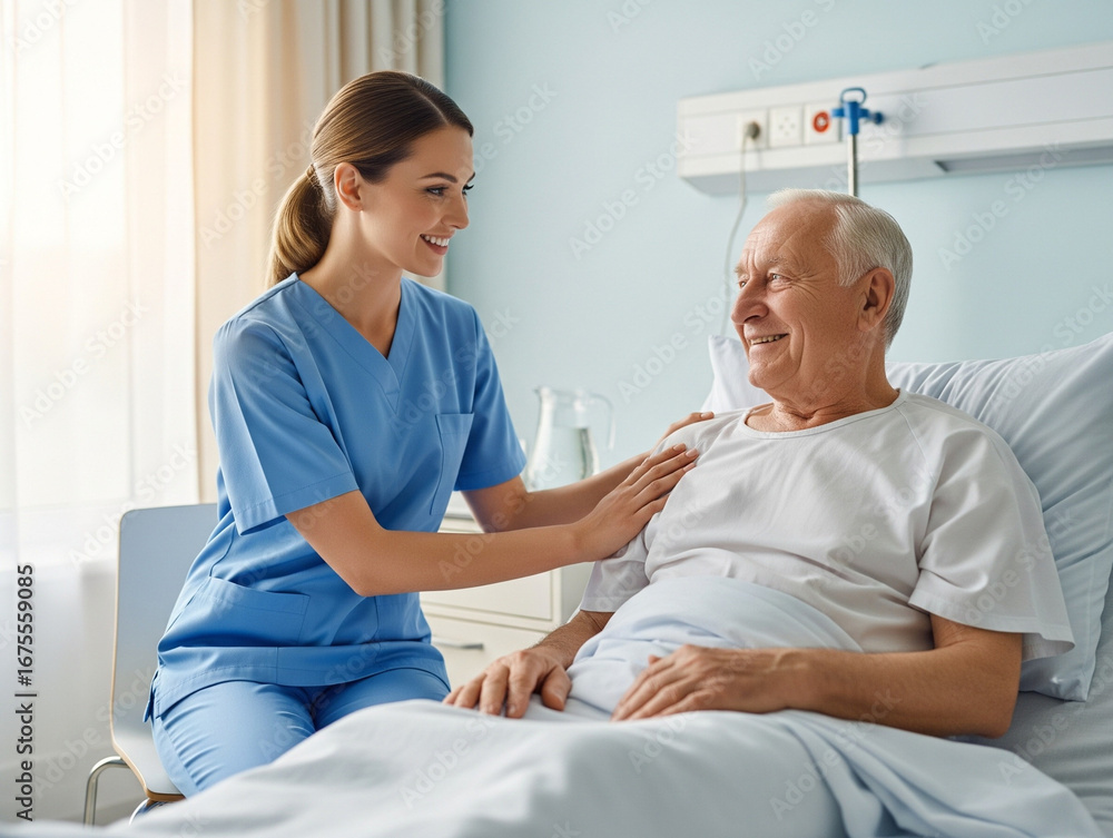 Fototapeta premium Patient’s smile shows comfort while accompanied by attentive nurse.