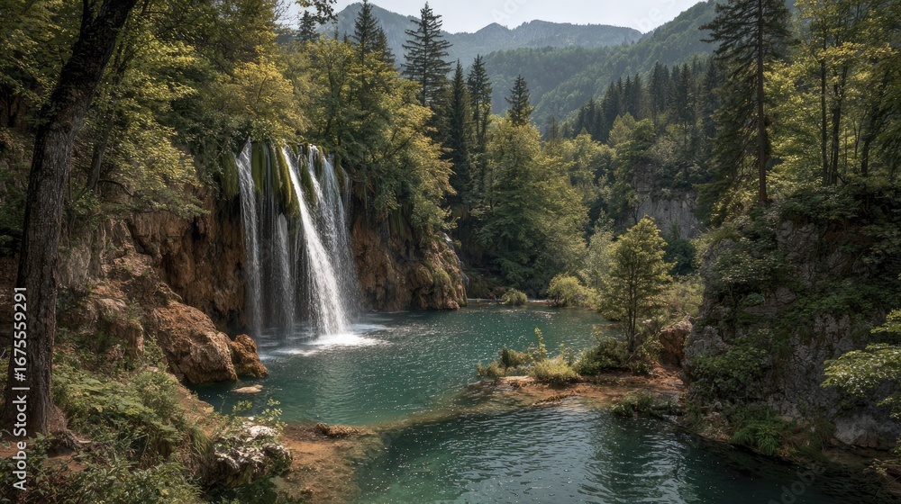 Fototapeta premium Lush greenery surrounds a tranquil waterfall cascading into a serene mountain lake.