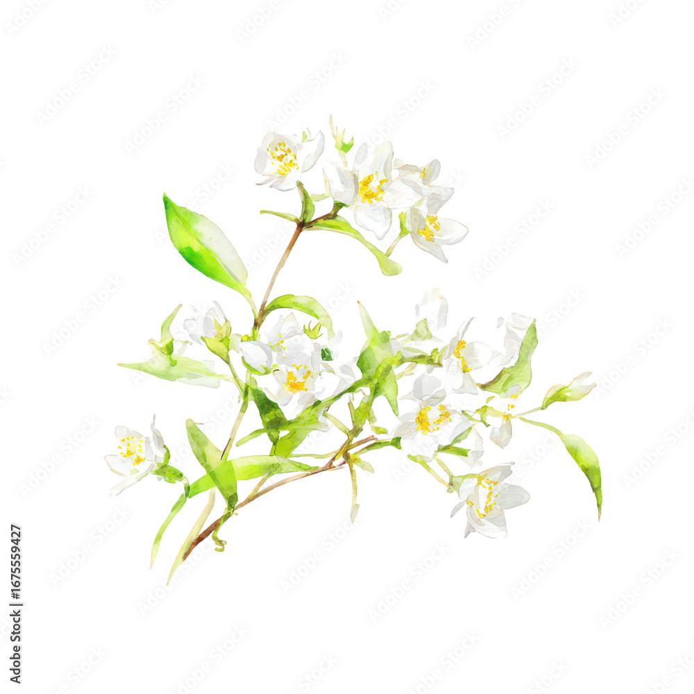 Fototapeta premium Elegant White Jasmine Flowers on Black Background Watercolor Illustration