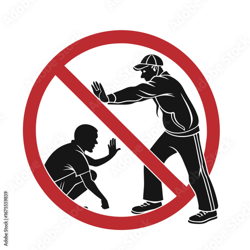 A prohibition sign showing a stop to bullying and violence, with silhouette figures depicting aggression and defense in a vector illustration