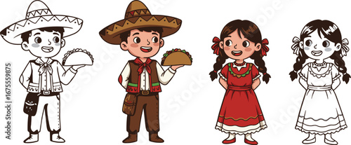 Cute Mexican Boy Holding Taco with Girl in Traditional Clothing. Mexican Independence Day