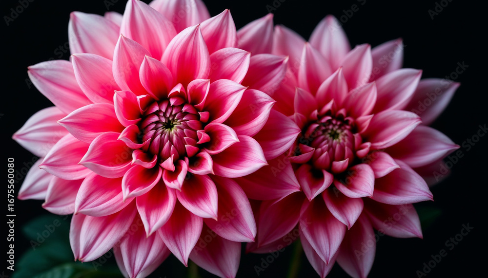 Fototapeta premium Close-up of two pink dahlia flowers on a dark background. 