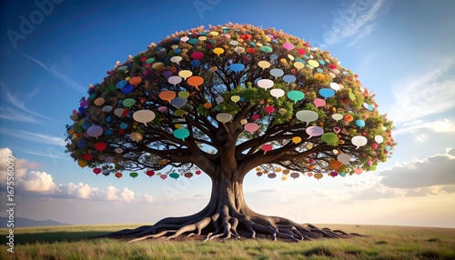 A large tree with a full crown of colorful speech bubbles stands in a grassy field under a bright blue sky, symbolizing communication and knowledge.