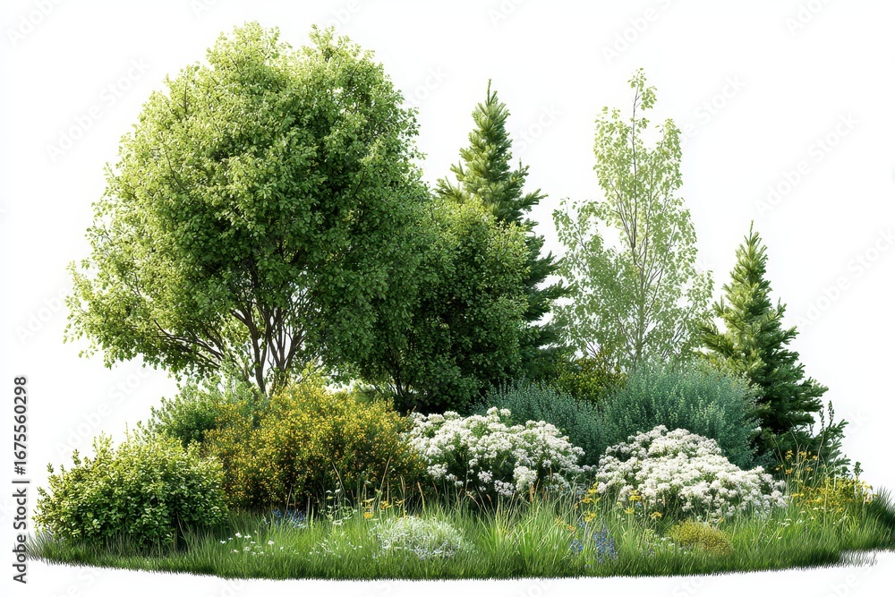 Obraz premium Lush green trees and vibrant shrubs create a serene meadow landscape isolated on a bright background during a sunny day in spring