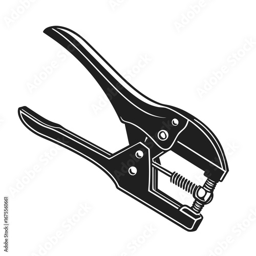 Monochrome vector illustration of a classic handheld single hole puncher, detailed black silhouette for office supply and stationery concepts, isolated on white