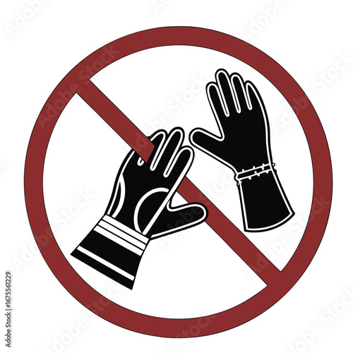 No gloves allowed sign, a black silhouette icon warning of a specific hazard. Prohibited use of welding or work hand protection vector symbol
