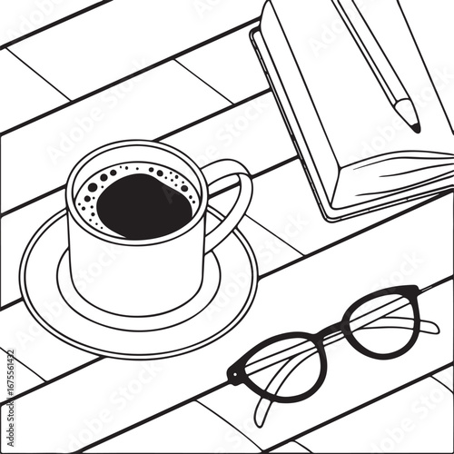 Hand Drawn Coffee Cup with Book, Pen and Glasses on Wooden Table | Vintage Black and White Sketch Illustration