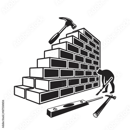 A retro black and white graphic illustration showing the silhouette of a bricklayer working on building a foundation brick wall with construction tools