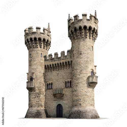 Majestic medieval castle facade with towers and stone architecture detail