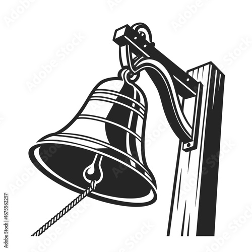 Classic cast metal bell with a rope for ringing, hanging from a sturdy wooden post in a bold black and white vintage vector illustration