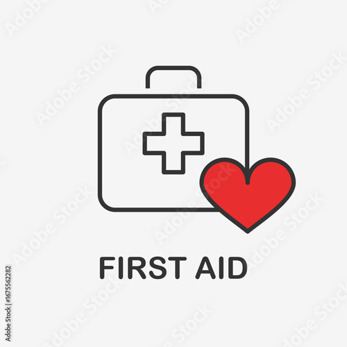First aid kit icon with red heart and medical cross symbol.