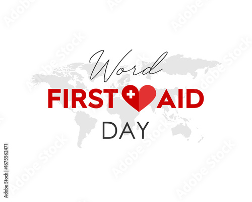 Creative World First Aid Day design with red heart and medical cross symbol on world map background.