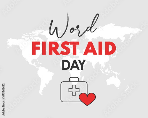 Minimalist vector design World First Aid Day with medical kit and heart symbol on world map background.