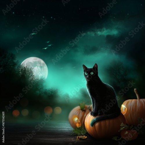 Black cat with glowing green eyes sitting on pumpkin, Halloween night sky – 16:9, halloween, halloween cat, black cat halloween, spooky halloween, halloween 2025, halloween wallpaper, halloween 