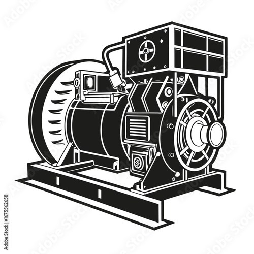 Industrial Generator Black and White Vector Illustration