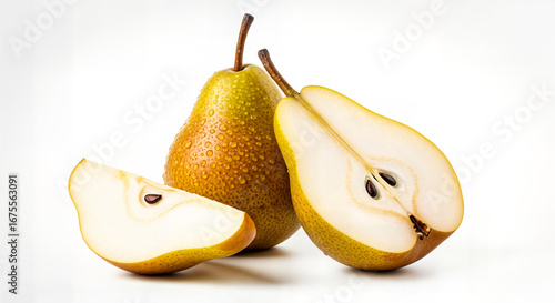 Fresh ripe pear fruit with slice and half isolated on white background, juicy sliced pear with water drops, whole and cut fresh pears composition.
