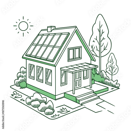 Vector outline illustration of an eco-friendly house with solar panels on the roof, a concept for green energy and sustainable living line art drawing