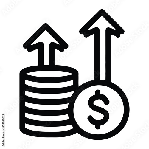 Illustration of stacked coins and a dollar coin with arrows pointing upwards indicating growth