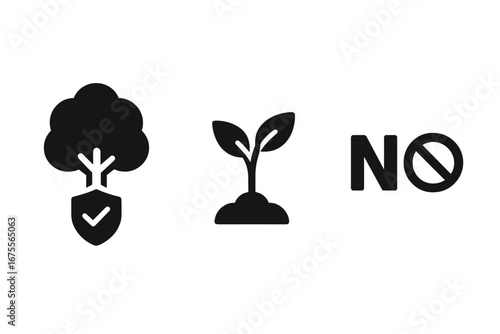 Zero deforestation icon set. Vector for environment conservation, sustainability, and climate action. Tree protection, planting seedling, and stop logging symbol. Ecology concept.