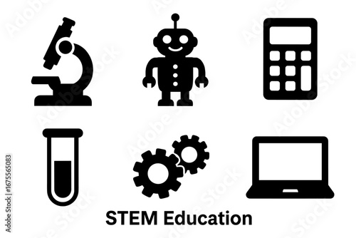 STEM education icon set. Solid filled glyphs for science, technology, engineering, math. Vector symbols: microscope, robot, calculator, test tube, gears, laptop. Learning concept.