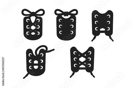 Shoe lace tying methods icon set. Solid glyph vector icons of bootlace knots. Bow knot, double knot, loop knot, crisscross and straight bar lacing. Footwear instruction guide.