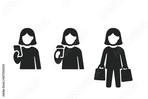 Shopper activity icon set. Woman browsing phone, holding coffee, carrying shopping bags. Vector silhouette glyphs representing consumerism, retail, and modern urban lifestyle.