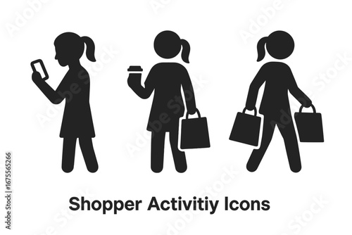 Shopper activity vector icons. Solid silhouette icon set of woman shopping. Customer browsing phone, holding coffee, carrying bags. Retail consumerism pictogram glyph design.
