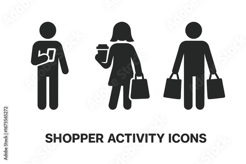 Shopper activity icon set. People shopping vector icons. Man with phone, woman with coffee and bag, customer with purchases. Consumerism, retail, buyer concepts pictogram.