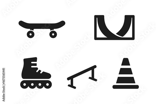 Skateboarding and street sports solid icon set. Vector collection of skate gear pictograms: skateboard, halfpipe ramp, rollerblades, grind rail, and street cone for design.