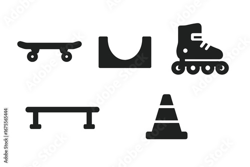 Skate gear icon set. Solid glyph icons for street sports. Skateboard, halfpipe ramp, rollerblades, grind rail, and street cone. Extreme sport vector pictogram symbols.