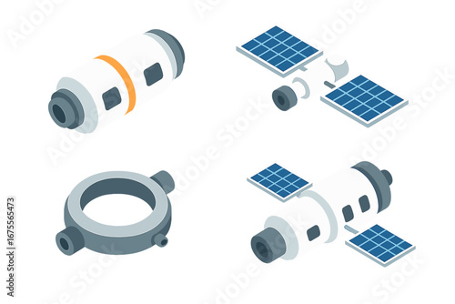 Orbital station isometric icon set. Space station constructor with modules, satellite with solar panels, docking ring. Sci-fi spaceship technology vector flat design elements.