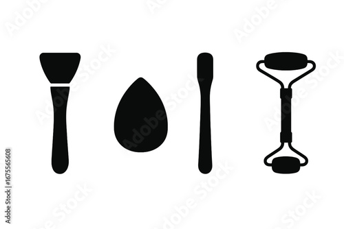 Skincare tools icon set vector. Beauty routine silhouette symbols. Silicone brush, foundation sponge, makeup spatula, jade face roller. Cosmetic applicator glyph icons.