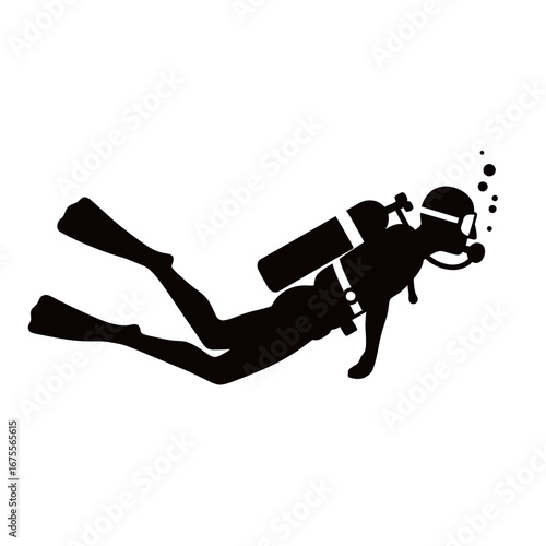 black and white silhouette of a scuba diving vector on a white background