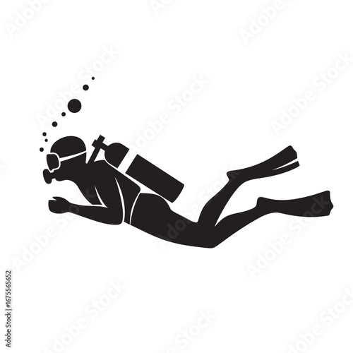 black and white silhouette of a scuba diving vector on a white background