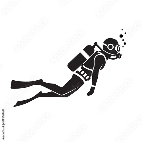 black and white silhouette of a scuba diving vector on a white background