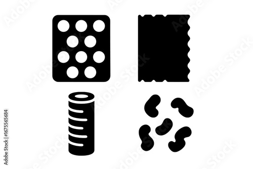 Packaging materials icon set. Solid glyph icons for logistics and shipping. Bubble wrap for fragile items, corrugated cardboard sheet, stretch film roll, and foam peanuts.
