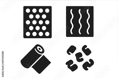 Packaging materials icon set. Solid vector symbols for shipping & protection. Includes bubble wrap, corrugated cardboard, stretch film, foam peanuts. Logistics graphic element.