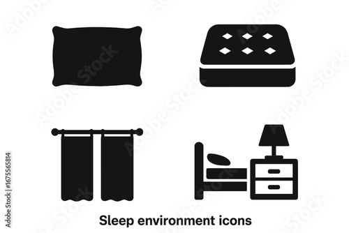 Sleep environment icons. Solid glyph icon set for bedroom comfort, rest and good sleep hygiene. Vector symbols of pillow, mattress, blackout curtains, bed and nightstand.
