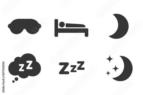 Sleep icon set. Solid glyph pictograms for sleep, recovery and rest concepts. Vector collection includes sleep mask, bed, moon, dream cloud, zzz symbol and starry night.