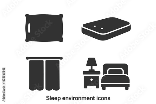 Sleep environment solid glyph icons set. Bedroom furniture pictograms. Pillow, mattress, blackout curtain, bed with bedside table. Sleep hygiene and comfort concept vector.