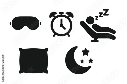 Sleep and Rest solid icon set. Vector collection of sleep mask, alarm clock, person napping, pillow, moon, and stars. Bedtime, relaxation, dream, and siesta concepts.