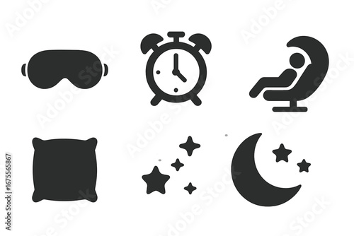 Sleep and rest icon set. Solid glyphs for relaxation, bedtime, napping. Includes sleep mask, alarm clock, pillow, moon, stars, nap pod. Vector for healthy lifestyle concept.