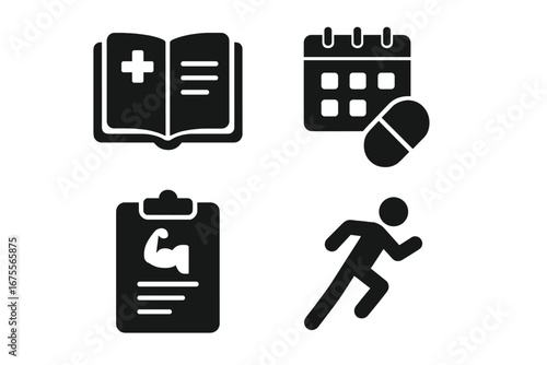 Patient empowerment icon set. Health management tools, medical diary, medication schedule, fitness plan, and exercise log. Healthcare and wellness vector glyph icons.