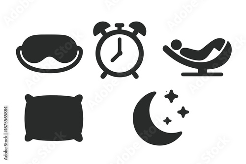 Sleep and rest solid icon set. Vector glyph collection with sleep mask, alarm clock, person in nap pod, pillow, moon and stars. Insomnia, bedtime, siesta, relaxation concepts.